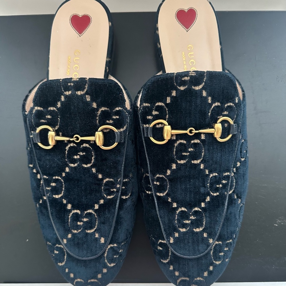 Gucci GG Horsebit Navy Velvet Mules with Gold Hardware